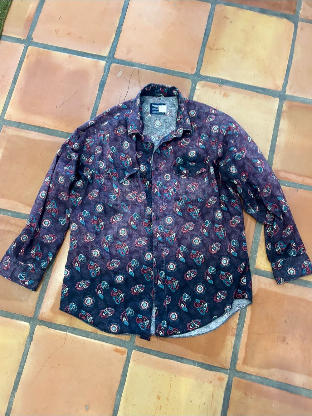 Vintage Wrangler Men's Purple Paisley Button-Down Shirt XL